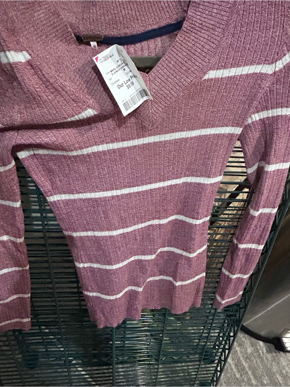 Striped V-Neck Sweater in Mauve and White